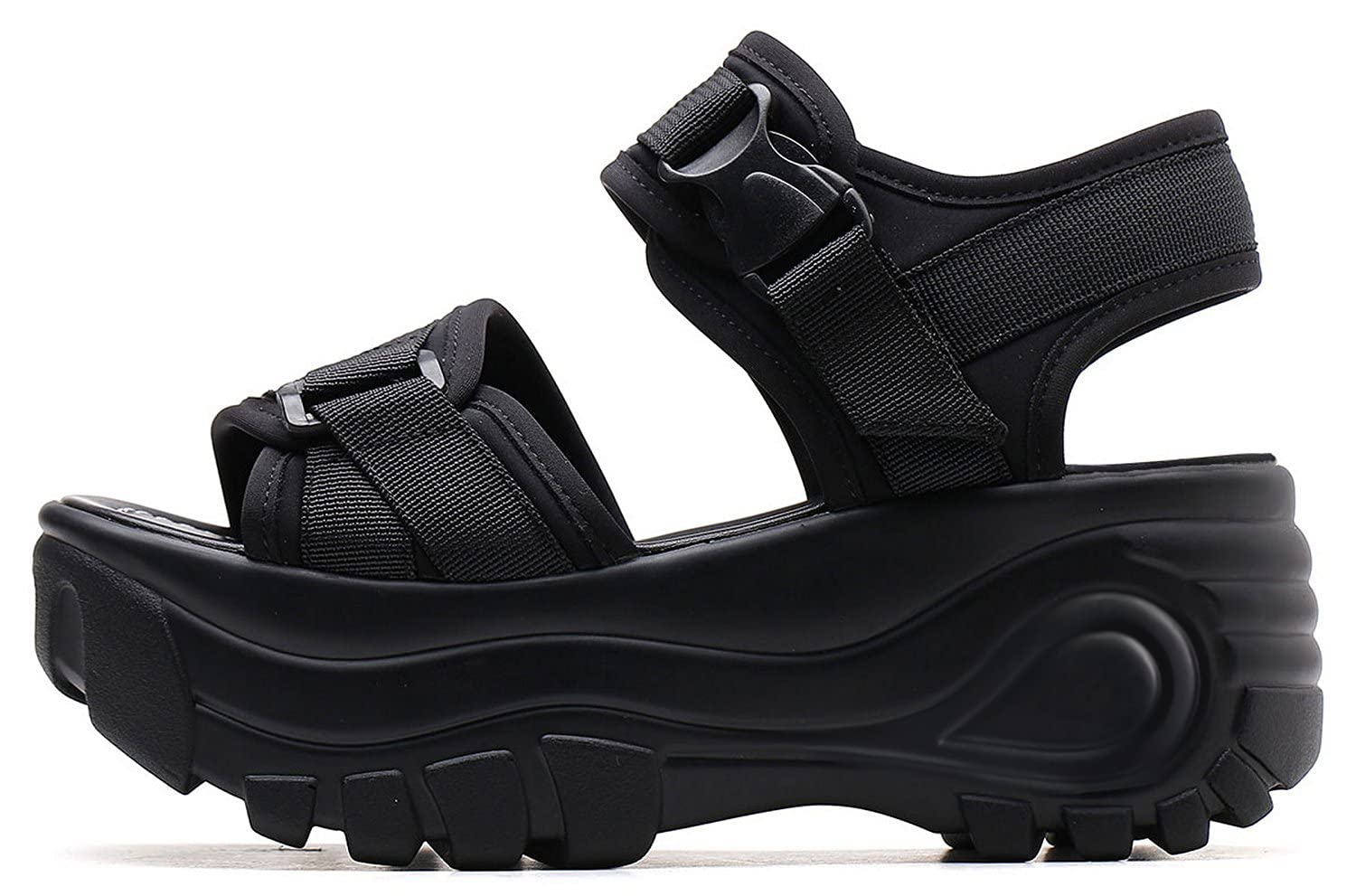 ブラック 厚底サンダル ストラップ付き ソフト メッシュ バックストラップ 厚底 サンダル[品番